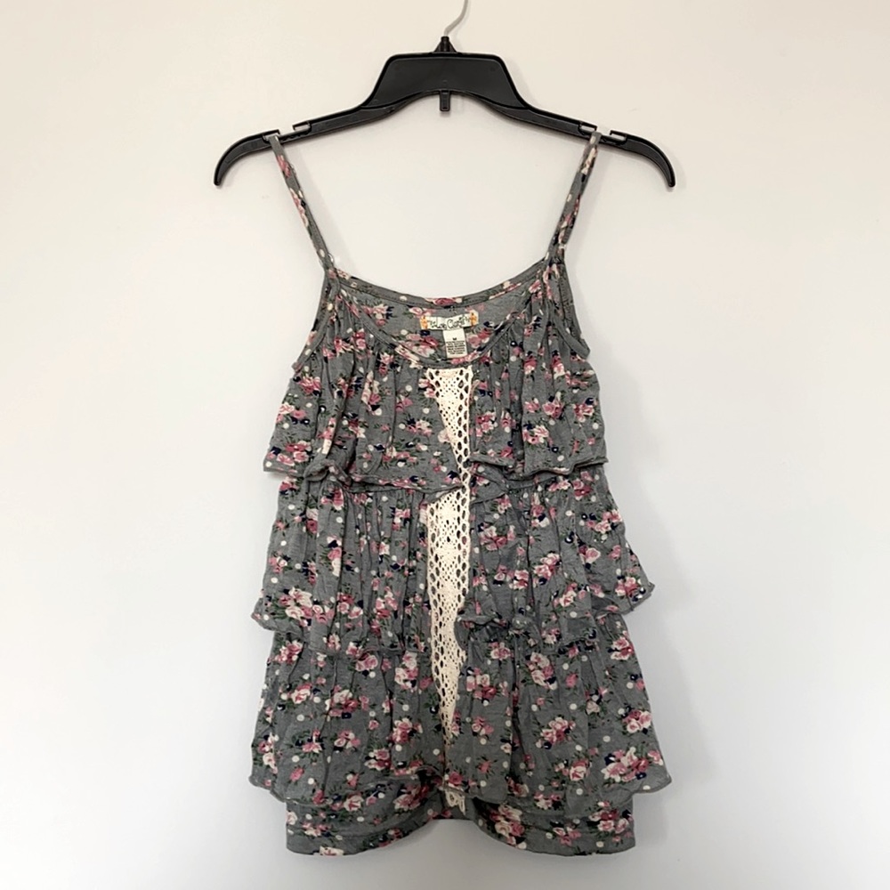 Teal-Gray Ruffled Tank Top with Cream Crochet Detail